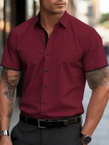 Manfinity Mode Men's Colorblock Short Sleeve Casual Commuting Formal Shirt, Summer, Ceremony - Burgundy - View 1