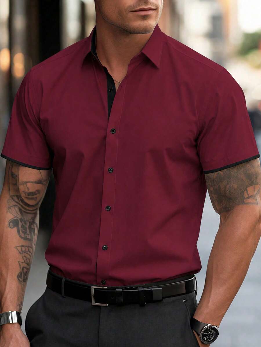 Manfinity Mode Men's Colorblock Short Sleeve Casual Commuting Formal Shirt, Summer, Ceremony - Burgundy - View 1