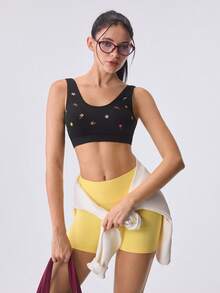 Loungeista 1pc Black Floral Embroidery U-Back Seamless Bra, Removable Pads Wire-Free Bra, Wide Strap Comfortable Daily Bra, Back Hook Breathable Sports Bra, Suitable For Daily Wear, Casual Style, Home Wear, Light Sports, Sleep Wear, All-Day Comfortable Wear - Black - View 1