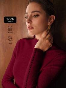 MOTF PREMIUM Áo len cổ lọ 100% len dệt kim màu tương phản, vừa vặn, mùa thu/đông - Đỏ - Xem 1
