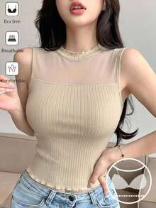 DAZY เสื้อชั้นในผู้หญิงสีพื้นตัดสีตาข่ายริ้ว - สีกากี - ดู 3
