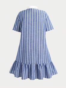 青少年女孩 Polo 童裝條紋刺繡圖案短袖中長洋裝，適合青少年女孩，對比色荷葉領花瓣袖印花洋裝，適合學校、戶外活動、購物，鈕扣洋裝 - 藍色 - 查看 2