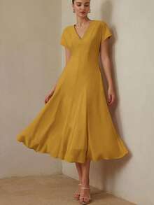 BELROSIE Vestido largo de color claro con cuello en V, cintura ceñida, falda completa con patchwork, falda en A, vestido con cuello en V, manga corta con pliegue, rosa claro, estilo primavera/verano, elegante minimalista, tela ligera, ropa de oficina, atuendo para cita nocturna, atuendo de vacaciones. Diseño de patchwork de gasa, vestido de longitud media para mujer - Amarillo - Ver 1
