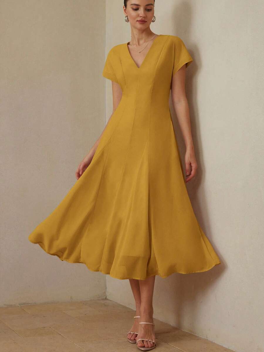 BELROSIE Vestido largo de color claro con cuello en V, cintura ceñida, falda completa con patchwork, falda en A, vestido con cuello en V, manga corta con pliegue, rosa claro, estilo primavera/verano, elegante minimalista, tela ligera, ropa de oficina, atuendo para cita nocturna, atuendo de vacaciones. Diseño de patchwork de gasa, vestido de longitud media para mujer - Amarillo - Ver 1