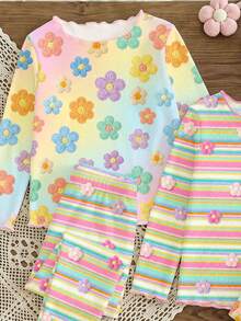 Conjunto de varias piezas para bebé niña con volantes y contraste de color, estampado floral de rayas degradadas coloridas estilo dopamina, colores macaron encantadores, diseño retro fresco, apto para todas las estaciones, suave con la piel - Multicolor - Ver 4