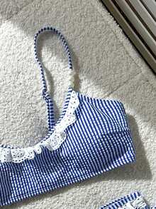 Swim Mod Girls' Striped Tank Top Swim Top And V-Shaped Bikini Bottoms 2 Pieces Set - Blue - View 3