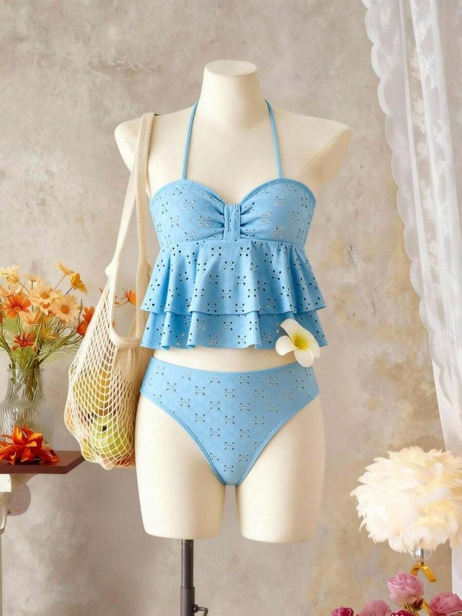 SHEIN 少女镂空纯色两件式泳衣,适合海滩、度假村和温泉穿着 - 藍色 - 查看 1