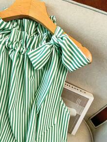 GlowEve CURVE Spring Summer Autumn High Neck Sleeveless Elegant Striped White Plus Size Shirt Vacation Dates - Green - View 4