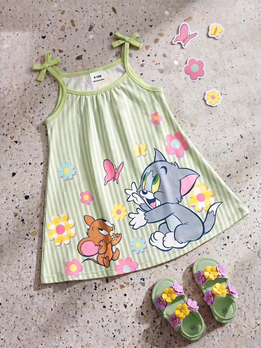 TOM & JERRY X SHEIN GraphicGems 2026年夏季女婴可爱卡通图案条纹吊带裙 - 綠色 - 查看 1
