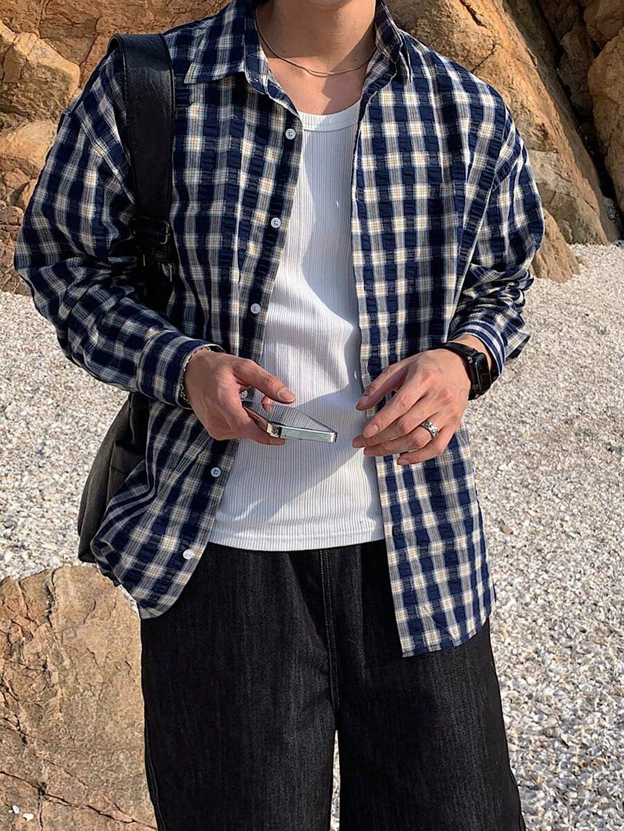 DAZY Spring/Autumn Plaid Multicolor Loose Long Sleeve Men's Shirt - Multicolor - View 1