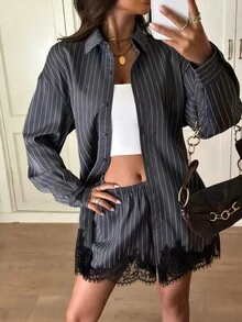 Siren Gaze Ensemble 2 pièces décontracté pour femme avec top à manches longues à rayures simple boutonnage et short avec bordure en dentelle pour le quotidien - Multicolore - Voir 6