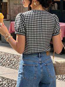 SHEIN 女士新款格子衬衫，V领泡泡袖上衣，适合日常穿着、通勤和度假 - 黑色 - 查看 2