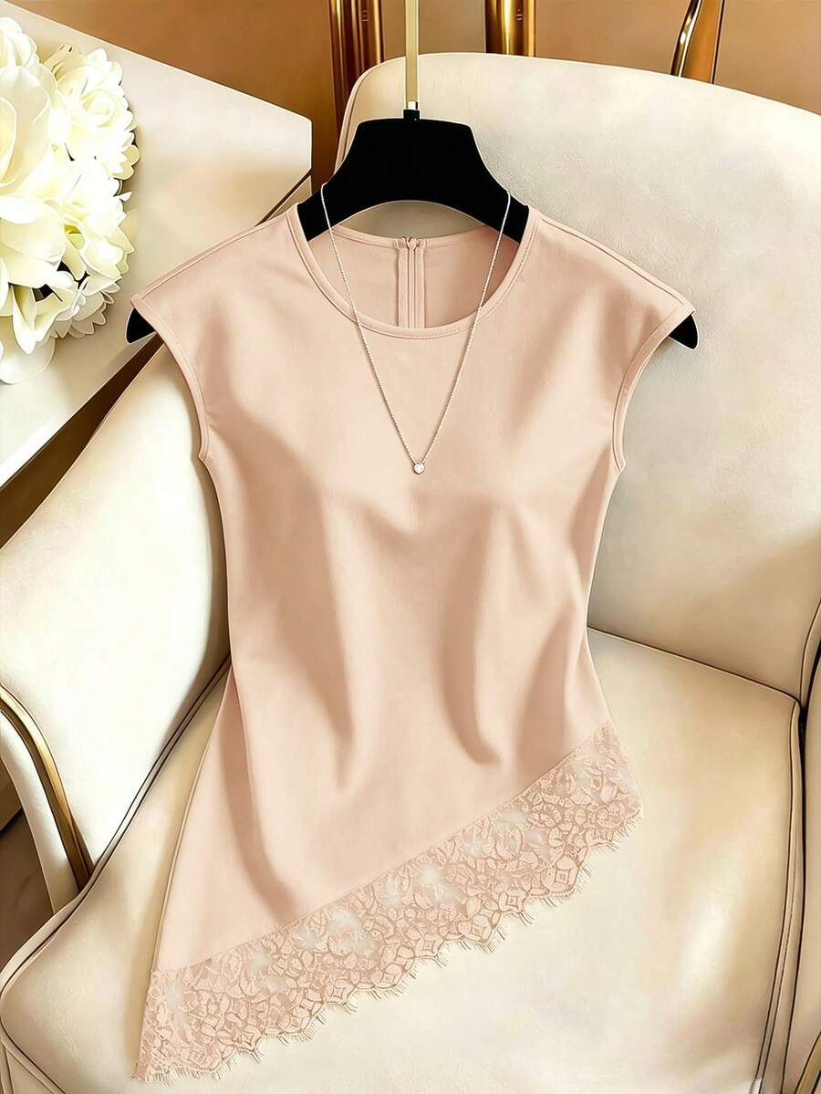 SHEIN Franclia 女款蕾絲拼接圓領休閒百搭日常穿著襯衫 - 卡其色 - 查看 1