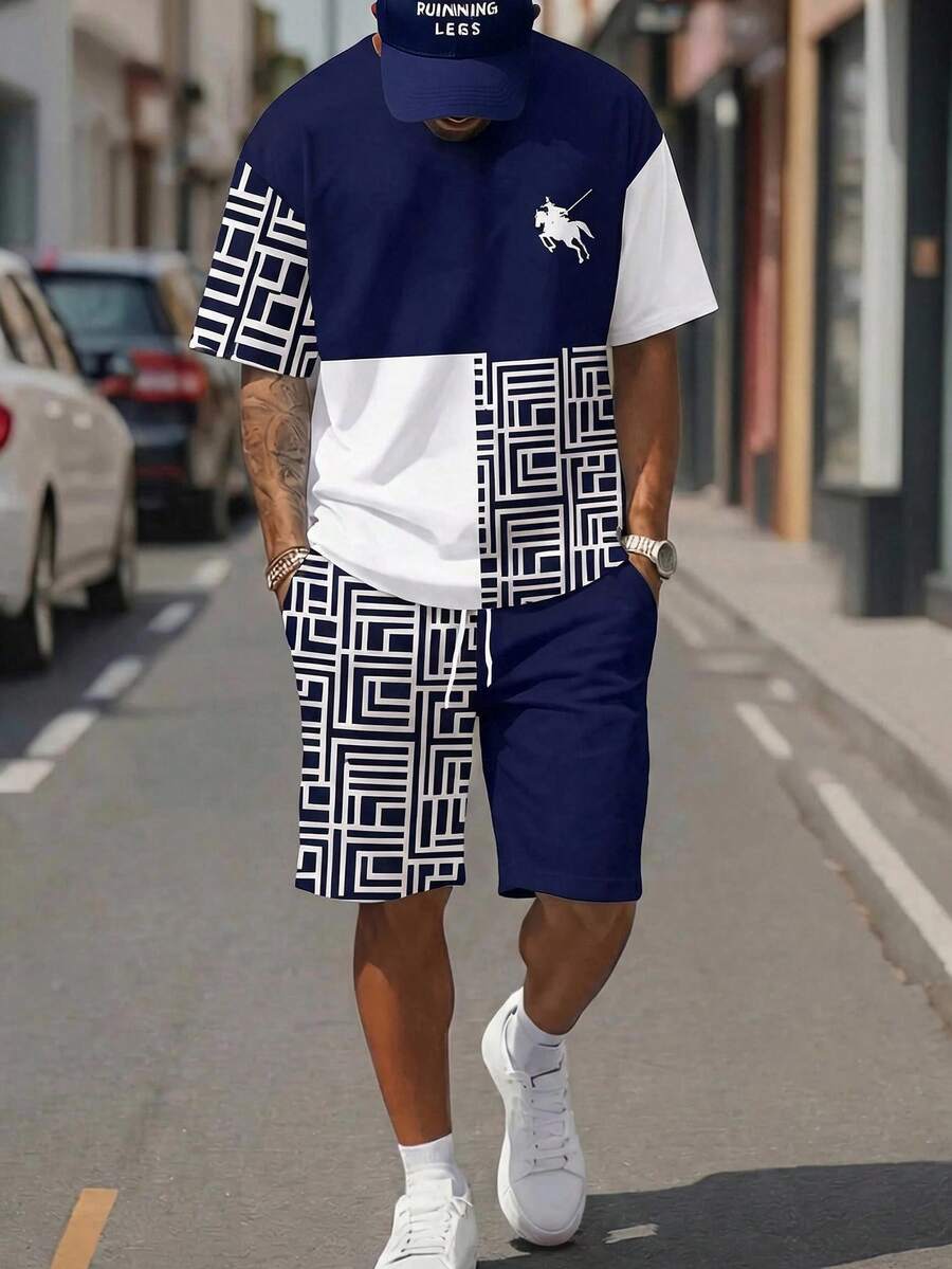 Sorvial Setelan Kaos dan Celana Pendek Pria Kasual Musim Panas Motif Geometris Blok Warna, Kerah Bulat, untuk Liburan - Navy Blue - View 1