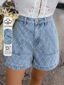 Livesso High Waist Light Blue Diamond Quilted Cotton Casual 70s 80s Loose Fit Women's Denim Shorts Vacation Summer - Blue - View 1