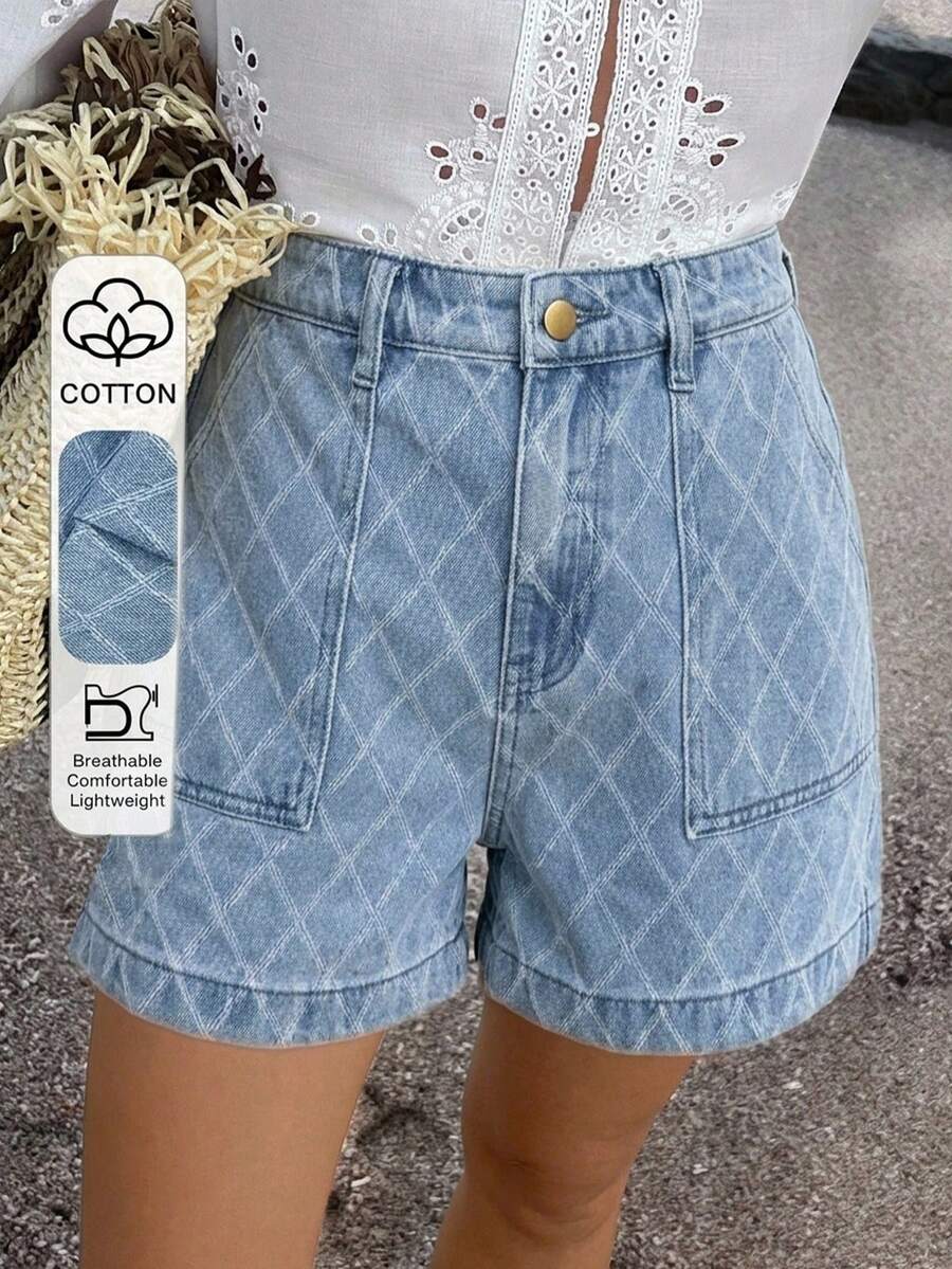 Livesso High Waist Light Blue Diamond Quilted Cotton Casual 70s 80s Loose Fit Women's Denim Shorts Vacation Summer - Blue - View 1