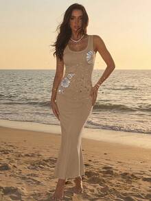 Flora Isola Flora Isola 春夏贝壳刺绣元素女士吊带针织连衣裙 - 駝色 - 查看 6