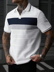 Manfinity CasualCool 男士夏季休閒拼色拼接 Polo 衫 - 白色 - 查看 3