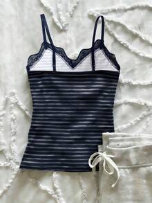 IslaSuriya Women Striped Lace Patchwork Camisole Top - Multicolor - View 2