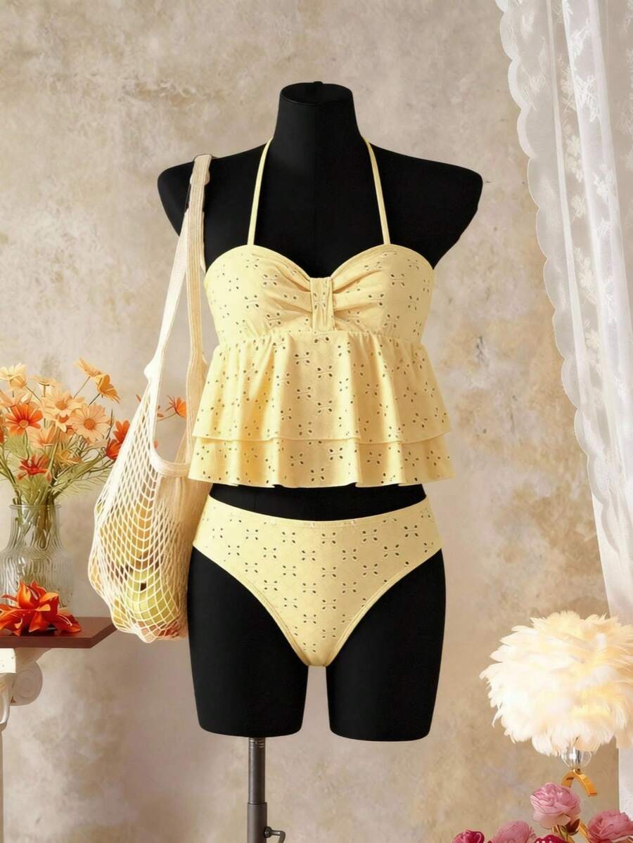 SHEIN Teen Girls Hollow Out Solid Color 2 Pieces Swimwear, Suitable For Beach, Resort, And Hot Spring - Yellow - View 1