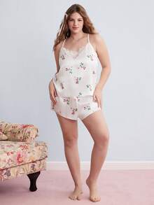 Elorette 加碎花印花撞色蕾丝缎面睡衣套装/睡衣套装白色套装 - 白色 - 查看 4
