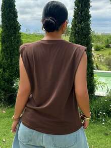 Dazy Plus Solid Color Casual Round Neck Sleeveless Blogger Style Versatile Plus Size Women Spring Summer Brown T-Shirt - Brown - View 8