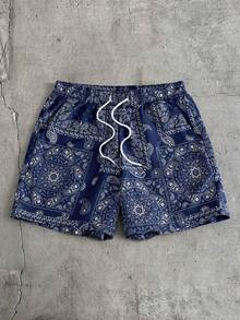AXEPEAK Men's Vacation Cashew Print Drawstring Waist Casual Shorts - Royal Blue - View 1
