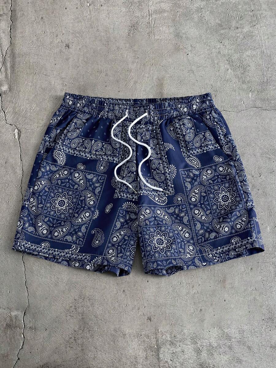 AXEPEAK Men's Vacation Cashew Print Drawstring Waist Casual Shorts - Royal Blue - View 1