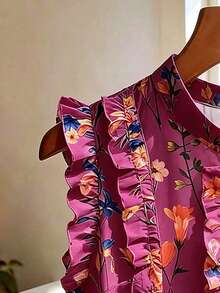 SHEIN Franclia 法式復古花卉印花面料荷葉邊立領與門襟設計襯衫，適合夏季、春季、復活節、假日活動、派對場合、海灘婚禮、畢業典禮 - 中紫紅色 - 查看 4