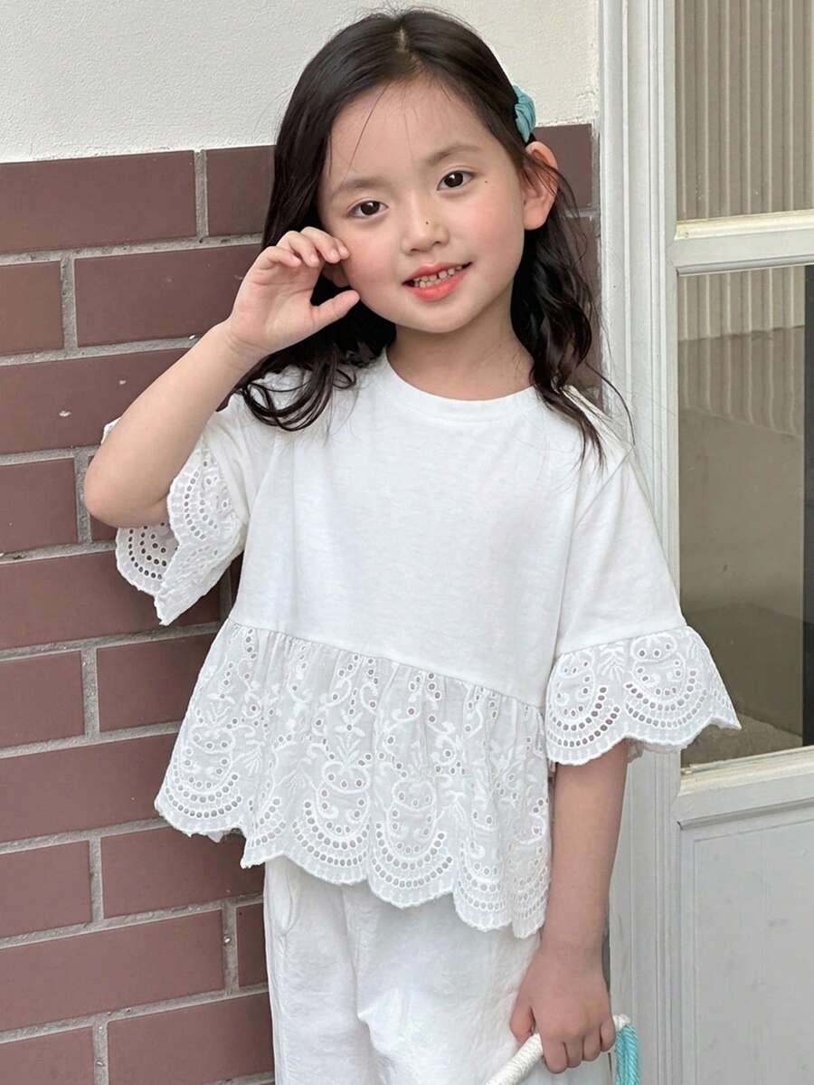 Dazy Kids 女童秋季圓領針織短袖T恤夏季上衣 - 白色 - 查看 1