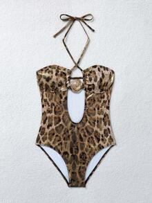 Swim SXY 2026 Hot-Selling Metal Accessory Gold Foil Leopard Print Sexy Halter Neck One-Piece Beach Swimsuit - Gold - View 4