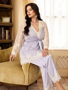 PalaceNights Misty Purple Premium Mesh Spitze Ärmel Bindung Große Größen 2 Stücke Pyjama Set - Mauve - Übersicht 1