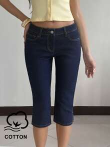 SHEIN BAE Women's Solid Color Low Waist Slim Fit Fashion Jeans - Dark Wash - View 1