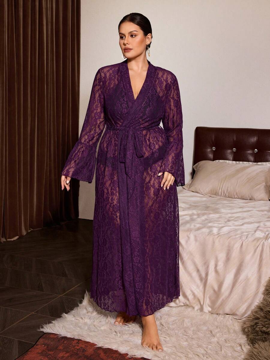 Slumberist Women's Sexy Lace Sheer Purple Ruffle Patchwork Long Sleeve Long Maxi Plus Size Nightgown - Purple - View 1