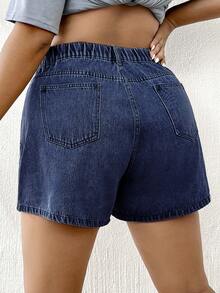 Elaquor Celana Pendek Denim Kasual Serbaguna Pinggang Tinggi untuk Wanita Ukuran Plus dengan Kantong - Dark Wash - View 2
