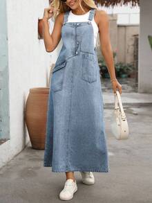 EMERY ROSE New Loose Distressed Denim Camisole Jumpsuit Dress - Medium Wash - View 3