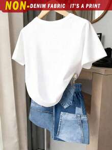SHEIN 青少年女孩 T 恤與短褲套裝，休閒街頭風蝴蝶結印花復古牛仔效果 T 恤與短褲套裝，2 件套，舒適百搭適合日常穿著 - 彩色 - 查看 2