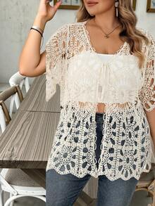 SHEIN CURVE+ Plus Size Women's Solid Color Tie-Front Casual Versatile Daily Outing Cardigan - White - View 4