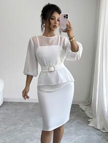 Balvessa Conjunto de 2 piezas para mujer primavera/verano elegante blanco de gasa transparente con top de manga abullonada y vestido midi ajustado con tirantes finos - Blanco - Ver 6