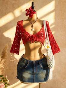 Allurite Summer Elegant Tropical Vacation Hand-Crocheted Red Hollow Out Short Sleeve Tie-Front Holiday Party Vacation Date Beach Women's Thin Cardigan - Red - View 7