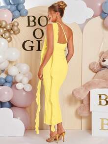 Loomaby Maternity Solid Color Asymmetric Neck Fitted Elegant Dress - Yellow - View 2
