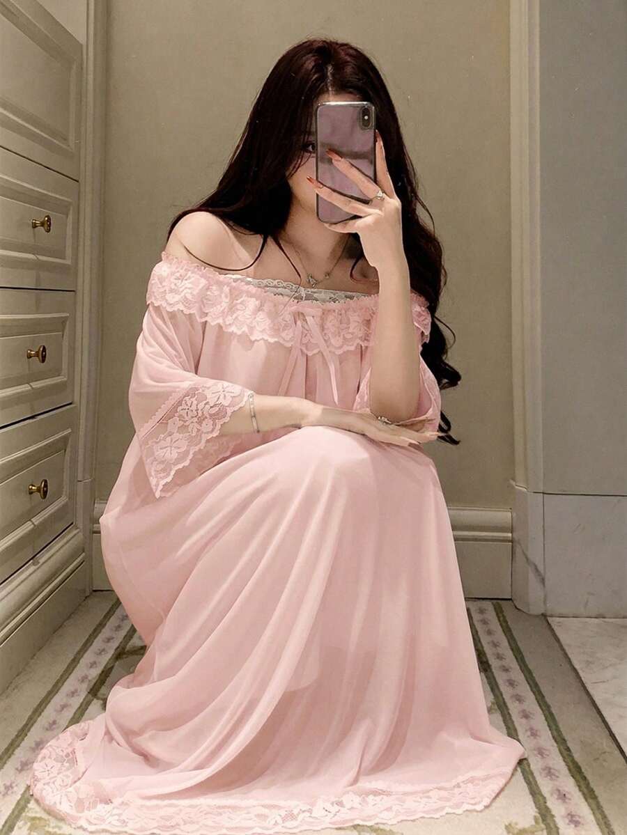 DAZY Lace Patchwork Off-Shoulder Loose Nightgown Women's Loungewear Dress Summer Pajamas - Baby Pink - View 1