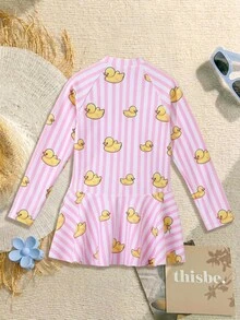 SHEIN 一件装少女/女孩休闲度假可爱优雅黄色小鸭粉色条纹长袖拉链连体泳衣，适合日常度假、海滩、泳池、春夏季穿着。 - 彩色 - 查看 3