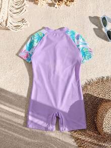 SHEIN Traje de baño ajustado con mangas raglán de color púrpura contrastante para niñas, adecuado para la playa y la natación - Púrpura malva - Ver 2