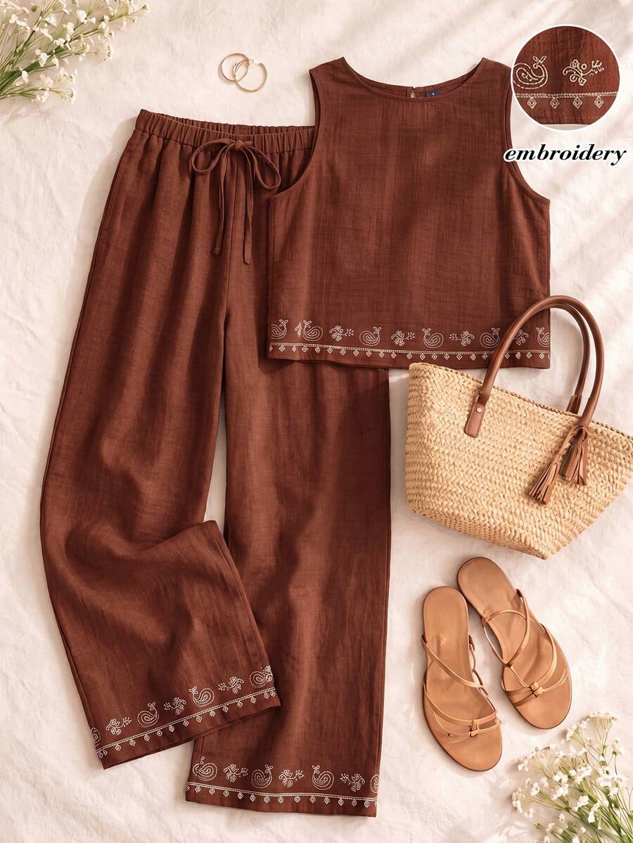 Rusticease Women's Minimalist Print Sleeveless Top And Pants 2 Pieces Set - Rust Brown - View 1