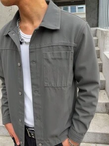 GENIUS ODE Men's Spring/Summer Single-Breasted Lapel Casual Versatile Daily Wear Long Sleeve Denim Jacket - Grey - View 4
