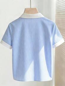 SHEIN Franclia 女款優雅藍色條紋領口寬鬆短袖襯衫，夏季戶外休閒優雅上衣，度假、假日、通勤、辦公室社交/工作服，女款辦公室穿著上衣 - 藍色 - 查看 2
