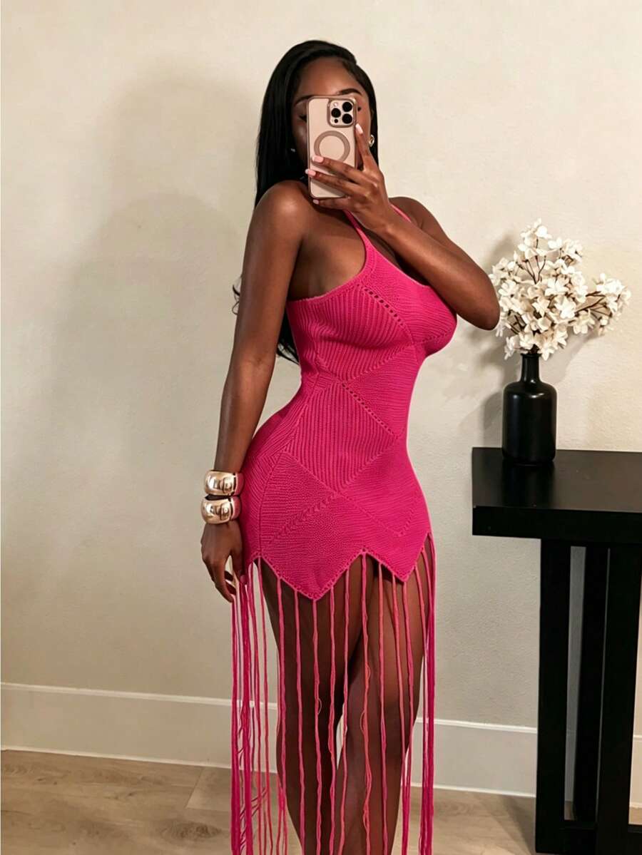 BamGleam Women's Green Knit Dress With Tassel Hem - Sleeveless Bodycon Midi Dress With Swing Asymmetric Hem & Jacquard Texture, Casual Slim Fit Sweater Dress For Party, Date Night, Daily Wear - Hot Pink - View 1