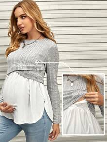 SHEIN Maternity Cross Wrap 2 In 1 Nursing Tee With Long Sleeve Fall - Light Grey - View 1