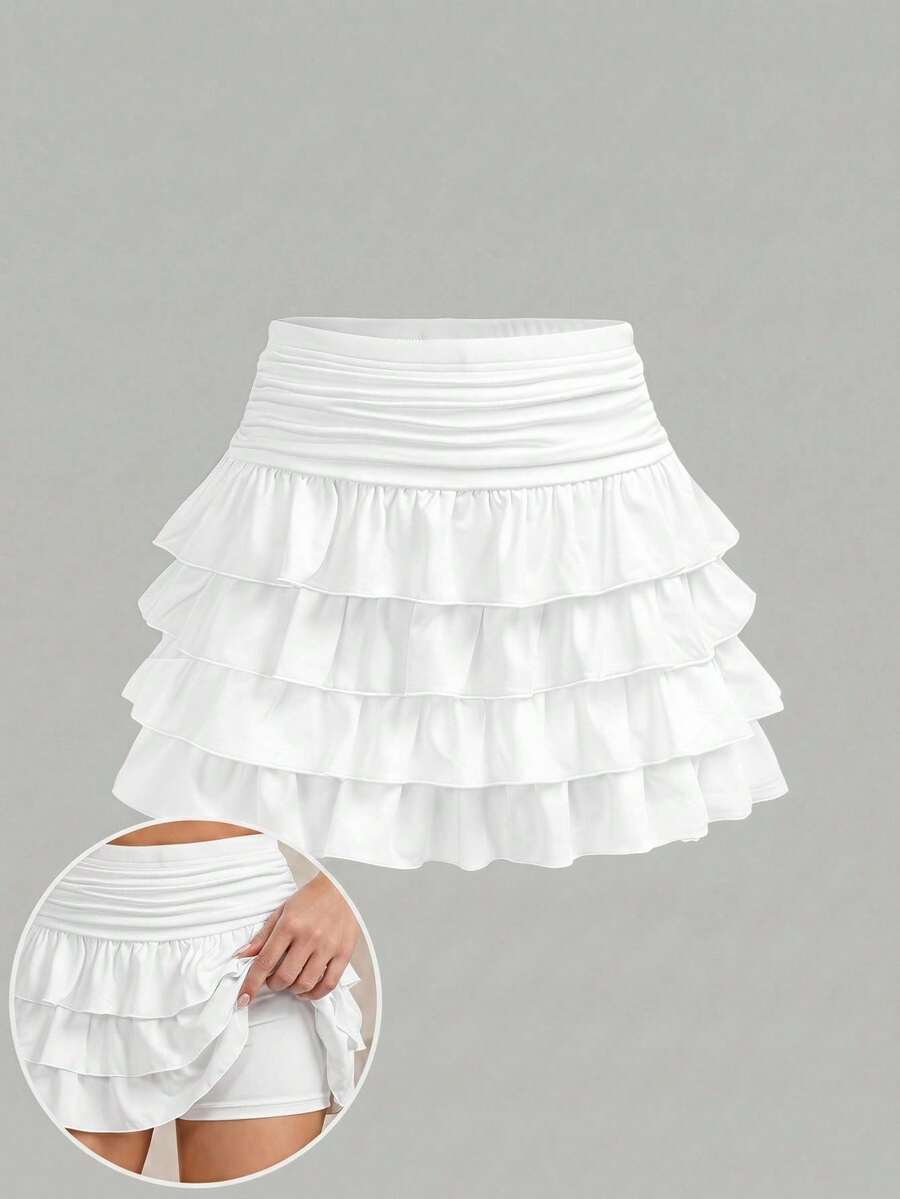 SHEIN Leap Crew Tween Girls White Ruffle Hem Mini Skirt, Casual Versatile Skirt For Summer, Suitable For Commuting, Elegant , Party, Family Gathering, Graduation, Vacation - White - View 1